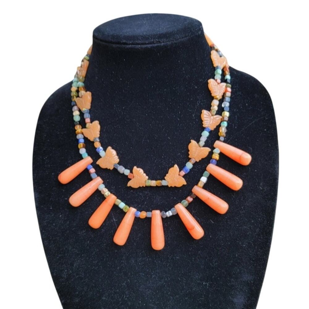 Navajo Mary W. Roanhorse Carved Brown Agate and Glass Necklace Set